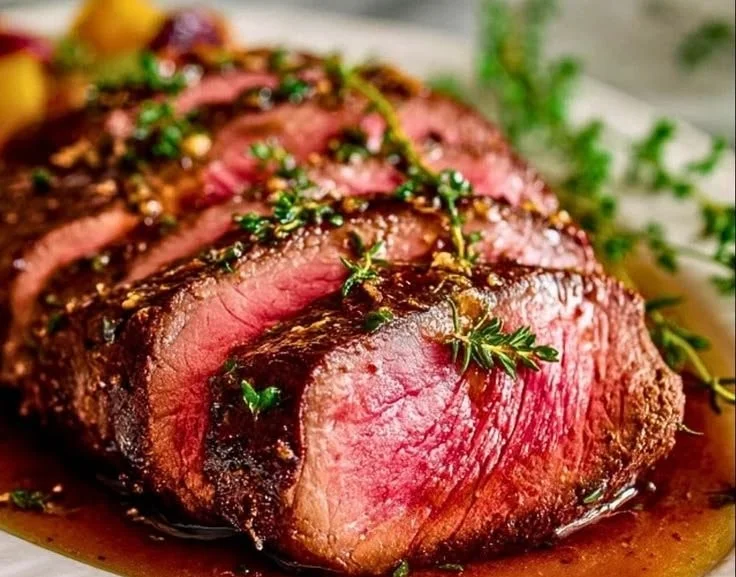 Juicy top round roast served with herbs and vegetables on a platter.