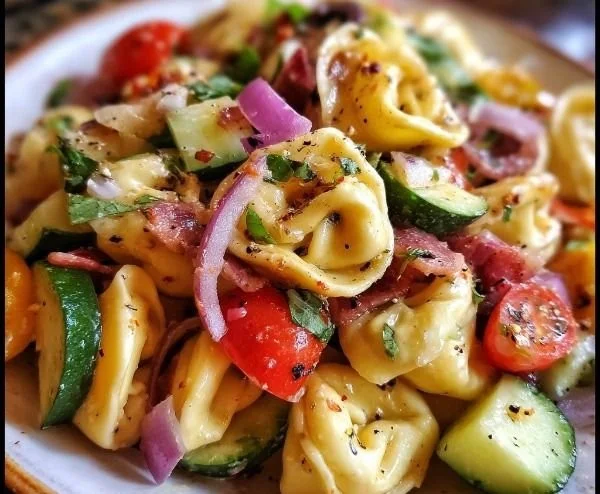 Bowl of colorful tortellini pasta salad with vegetables and dressing