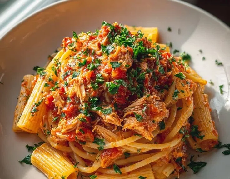 Plate of Tuna Pasta in Tomato Sauce garnished with parsley