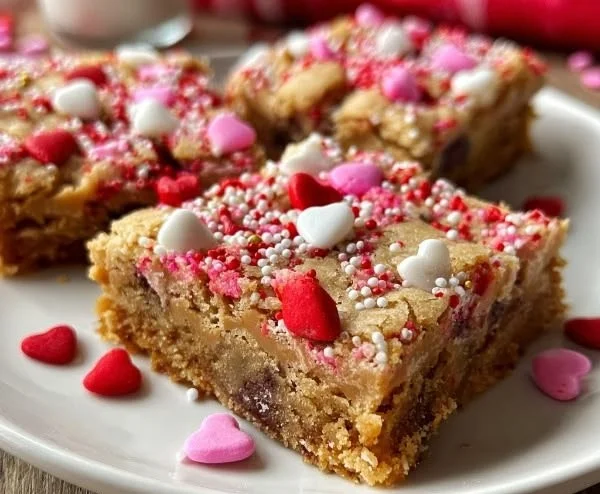 Valentine Peanut Butter Cookie Bars freshly baked and decorated for Valentine's Day