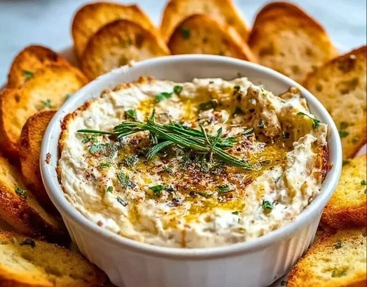 Warm Boursin dip served with crostini on a platter