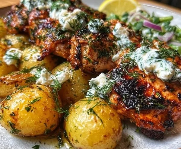 Yogurt-marinated chicken garnished with dill and feta cream