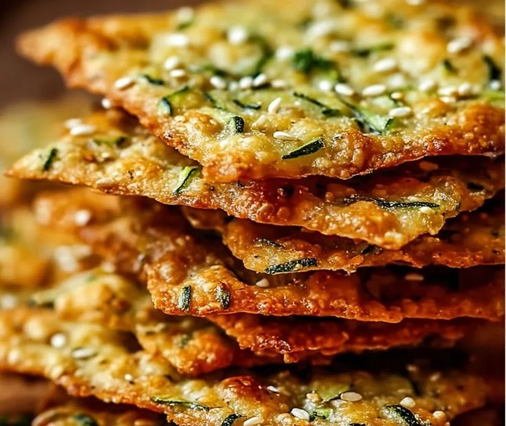 Homemade zucchini herb crackers on a wooden board