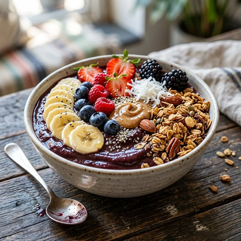 Delicious and colorful Açaí Bowl topped with fruit and granola.