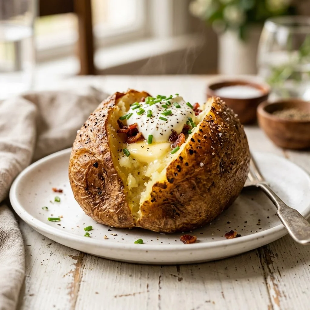 Delicious air fryer baked potato with crispy skin and fluffy interior.