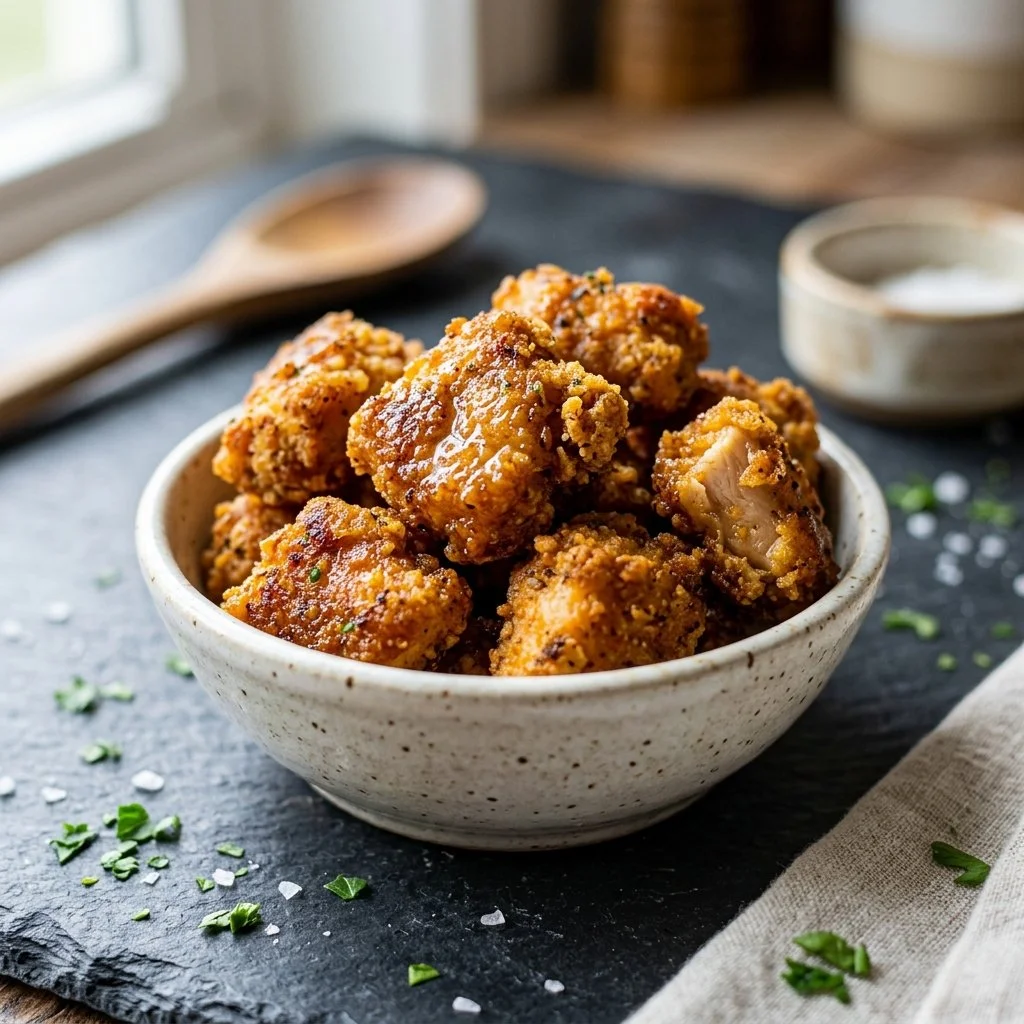 Crispy air fryer chicken bites served with dipping sauce