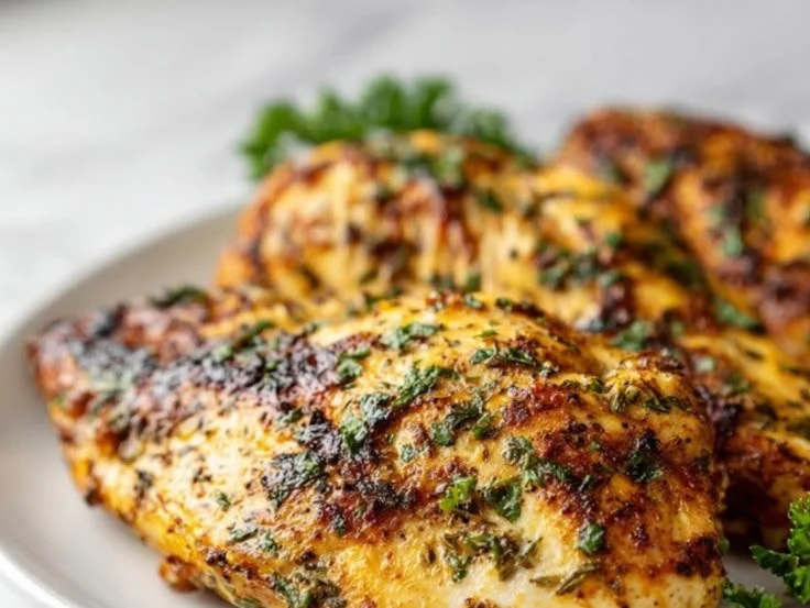 Delicious air fryer chicken breast served on a plate with fresh herbs