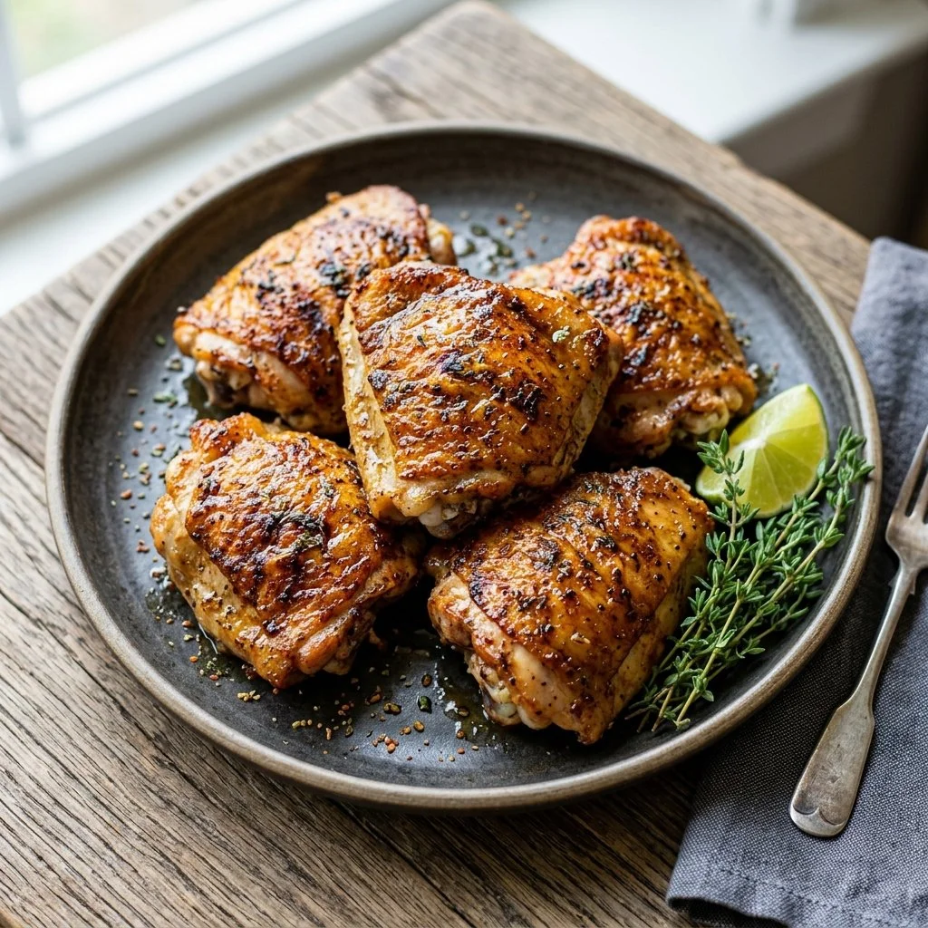 Deliciously cooked air fryer chicken thighs garnished with herbs