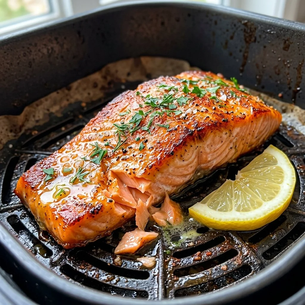 Air fryer salmon fillet with crispy skin on a white plate