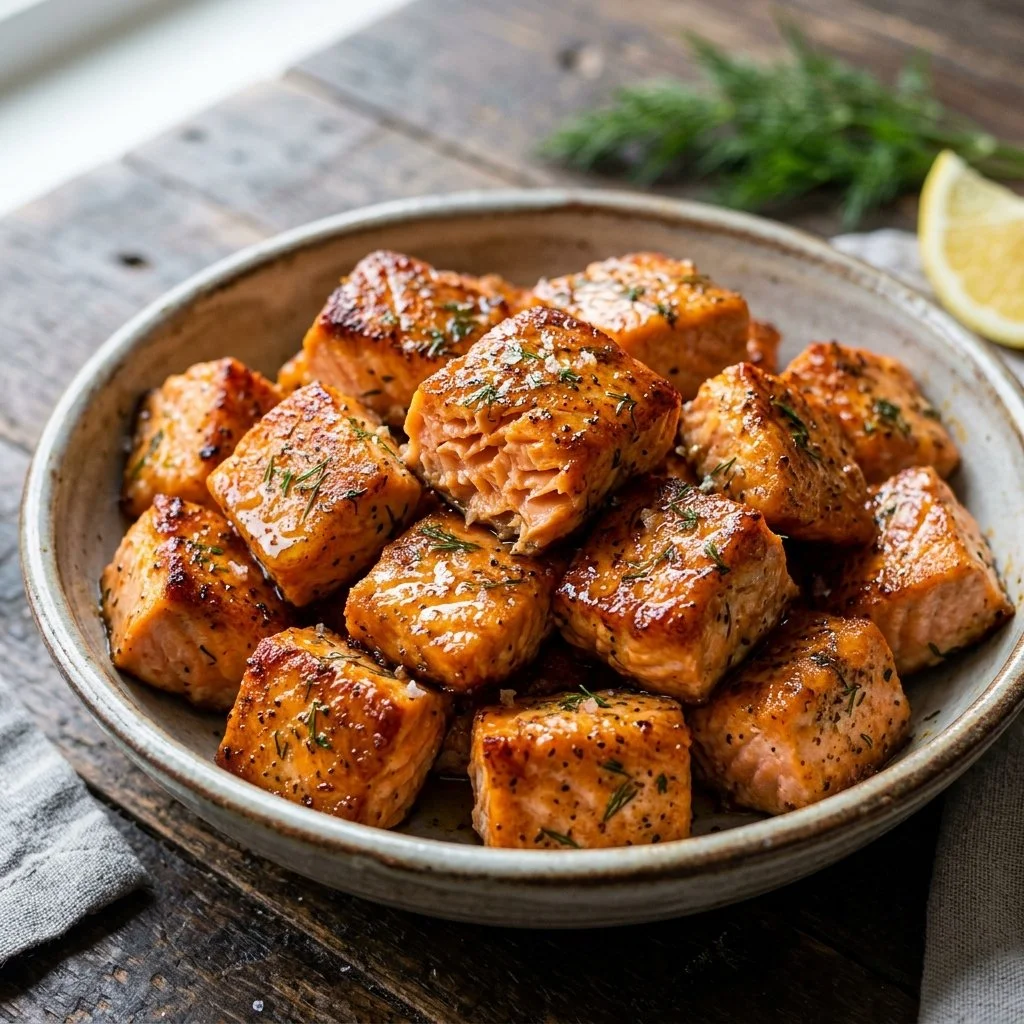 Air fryer salmon bites served on a plate with lemon and herbs