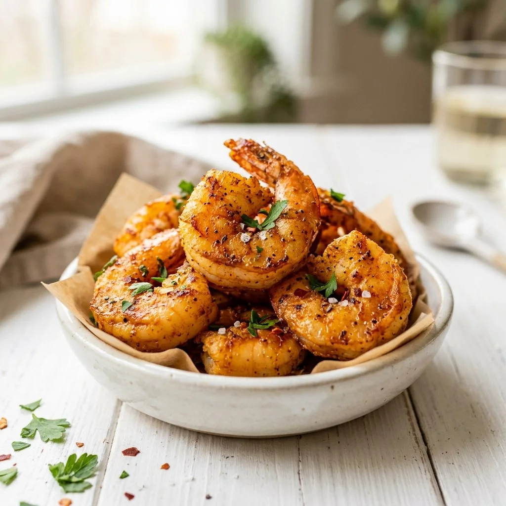 Delicious air fryer shrimp served with dipping sauce on a plate