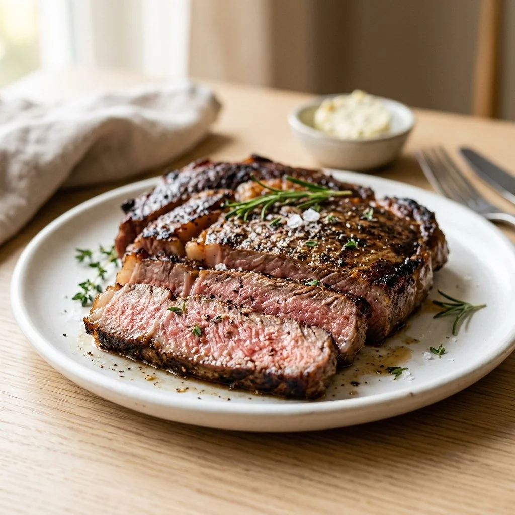 Air fryer steak recipe with perfectly cooked, juicy beef cut.