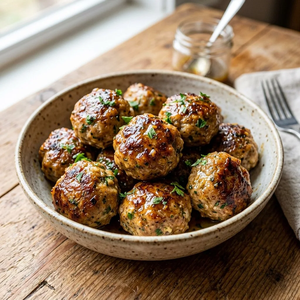 Crispy Air Fryer Turkey Meatballs served with dipping sauce on a plate.