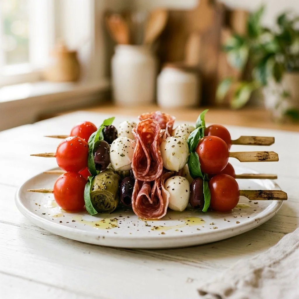 Colorful antipasto skewers featuring cheese, olives, and vegetables.