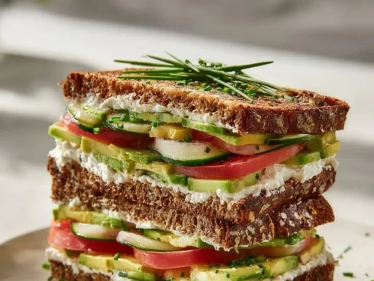 Fresh avocado cucumber sandwich on whole grain bread with lettuce and tomato