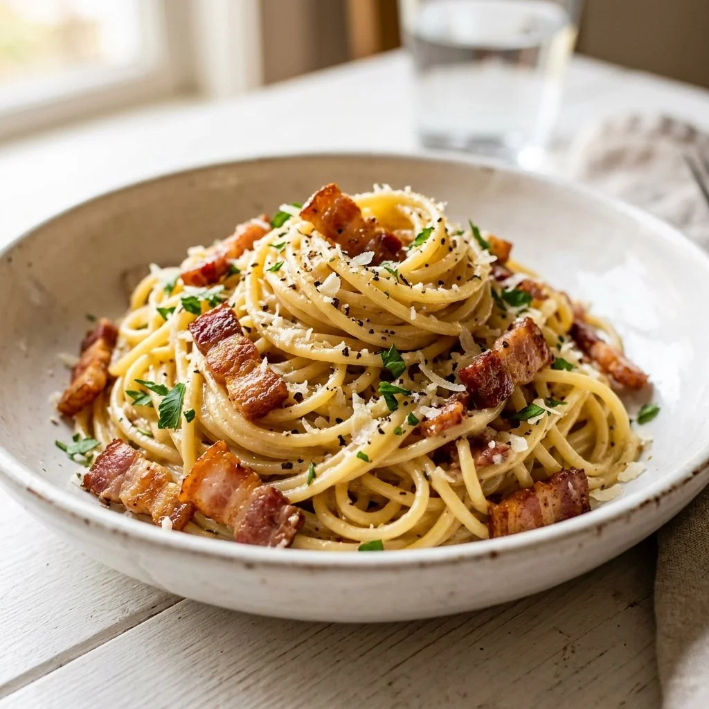 Serving of delicious Bacon Pasta garnished with fresh herbs.