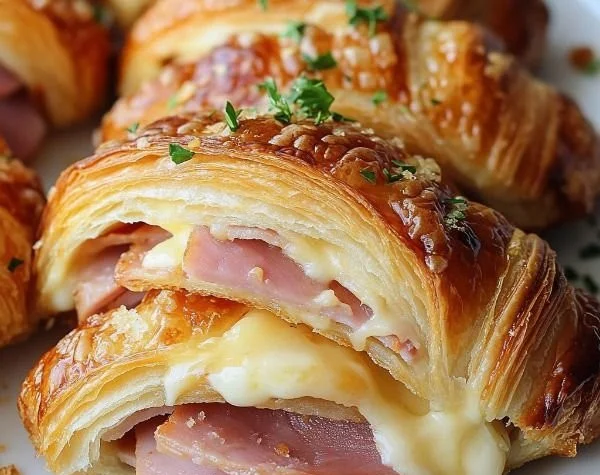 Delicious baked ham and cheese croissants on a rustic wooden table
