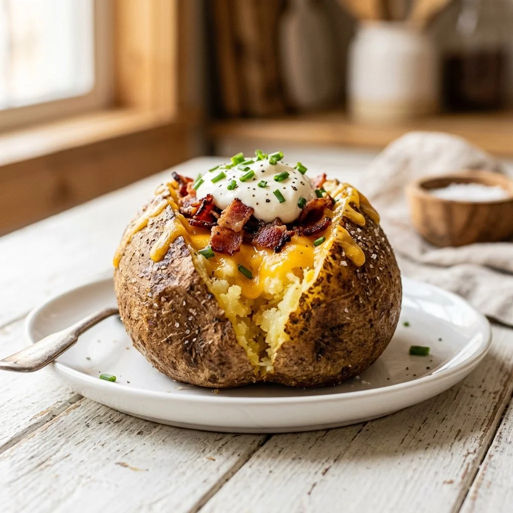 Delicious baked potatoes topped with butter and herbs