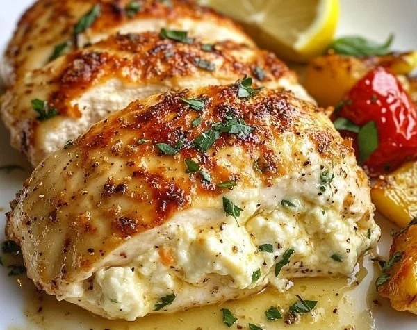 Baked Ricotta Chicken topped with herbs and cheese on a plate