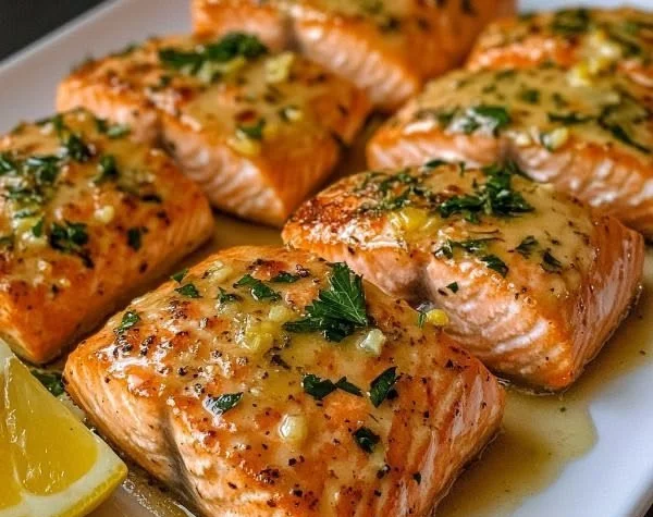 Baked Salmon with Garlic Butter served on a plate.