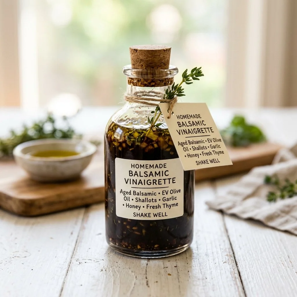 Homemade balsamic vinaigrette in a glass jar with fresh ingredients.