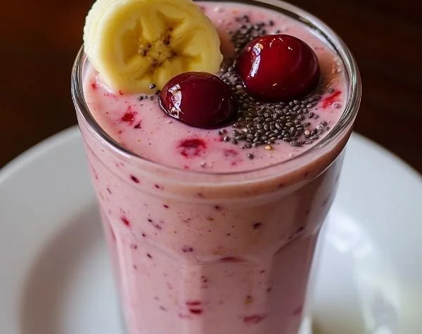 A refreshing Banana Cherry Smoothie in a glass garnished with cherries and banana slices.