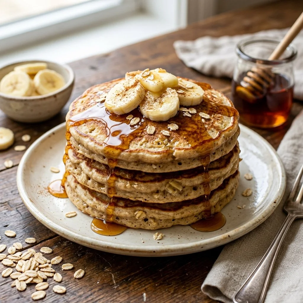 Stack of healthy banana oat pancakes topped with fresh bananas and syrup