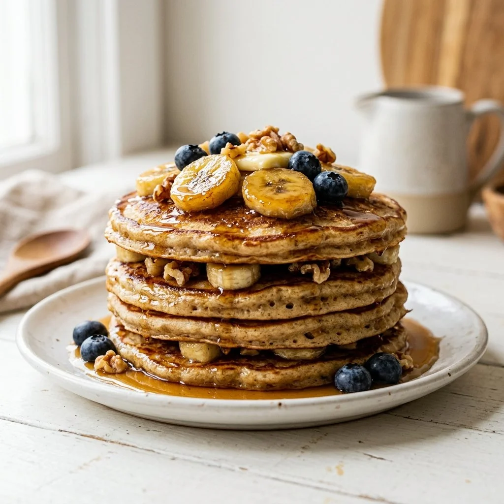 Delicious homemade banana pancakes stacked with syrup