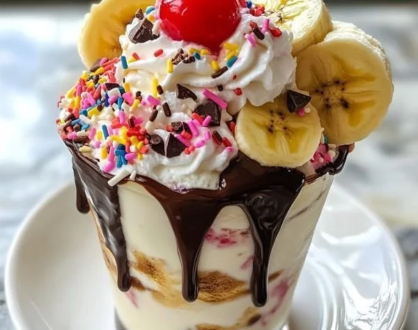 Delicious Banana Split Milkshake topped with whipped cream and cherry