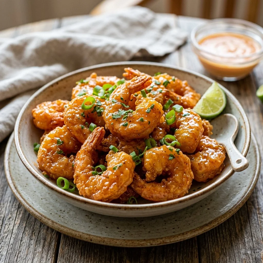 Plate of Bang Bang Shrimp topped with spicy sauce and garnished with green onions