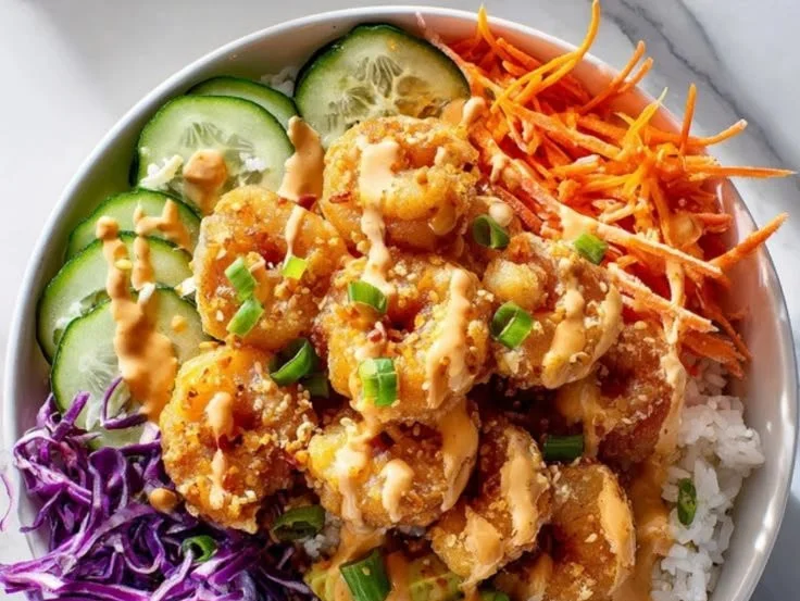 Bang Bang Shrimp Bowl with crispy shrimp and creamy sauce