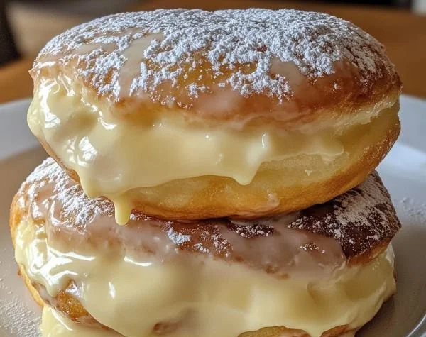 Delicious Bavarian cream donuts with creamy filling and a dusting of powdered sugar.