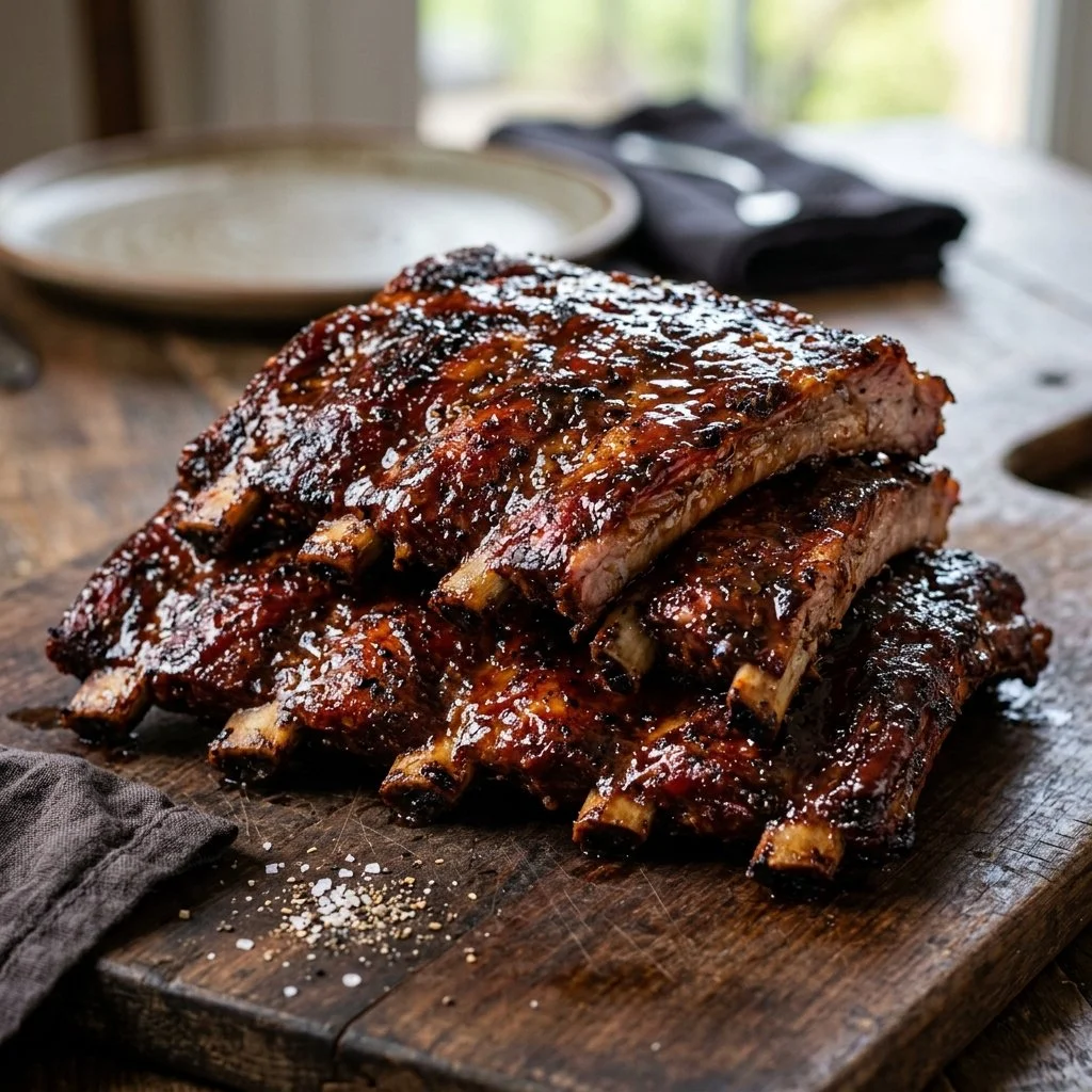 Delicious BBQ Baby Back Ribs served with a side of sauce and garnish on a wooden board