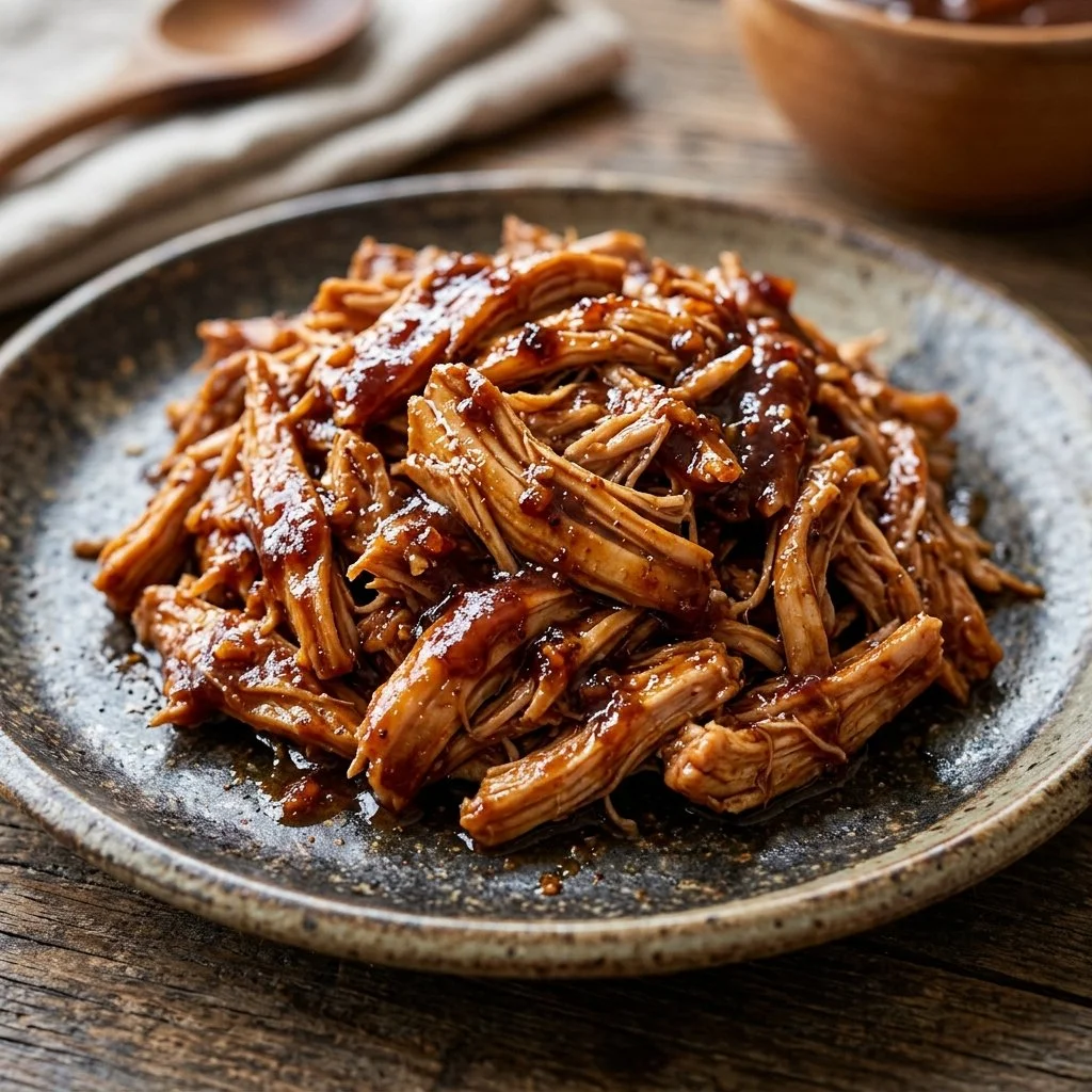 Plate of BBQ Pulled Chicken served with sides
