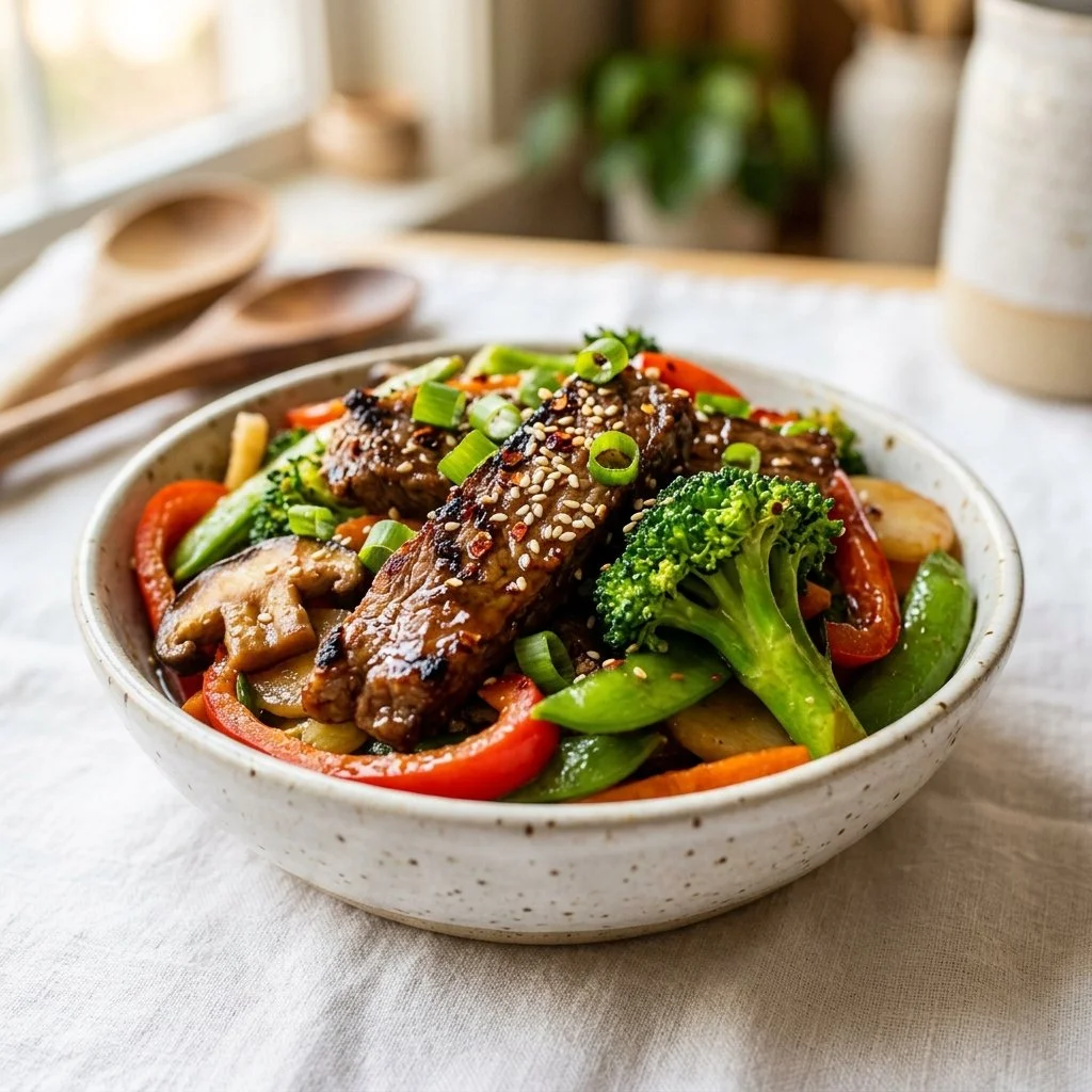 Delicious beef and vegetable stir fry in a colorful bowl
