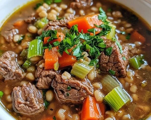 Delicious bowl of beef barley soup from Pioneer Woman