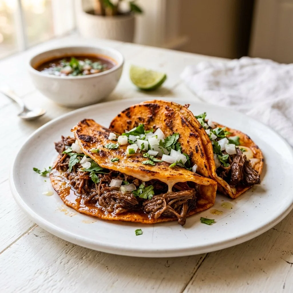 A plate of delicious Beef Birria Tacos topped with fresh cilantro and onions