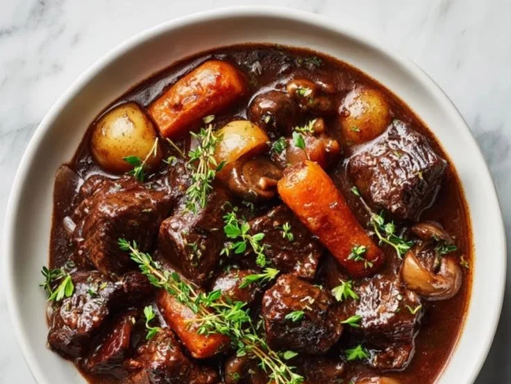A delicious bowl of Beef Bourguignon with vegetables and herbs