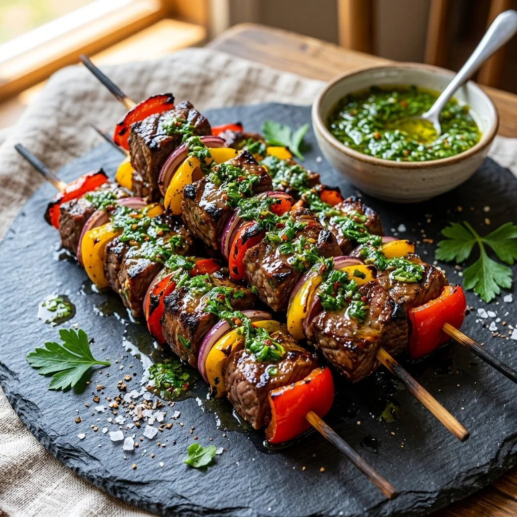 Grilled Beef Chimichurri Skewers with fresh herbs and spices