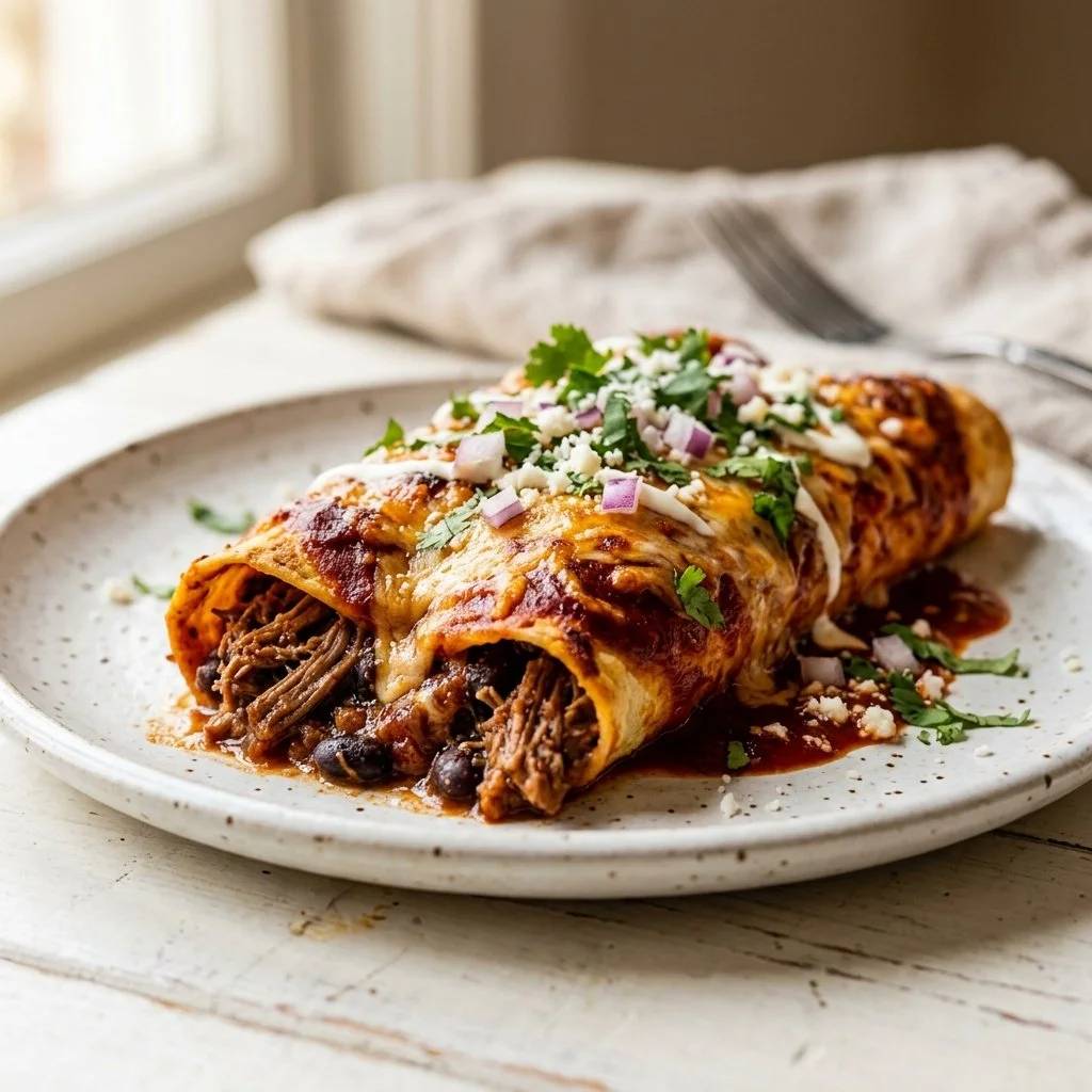 Homemade beef enchiladas served with salsa and cheese