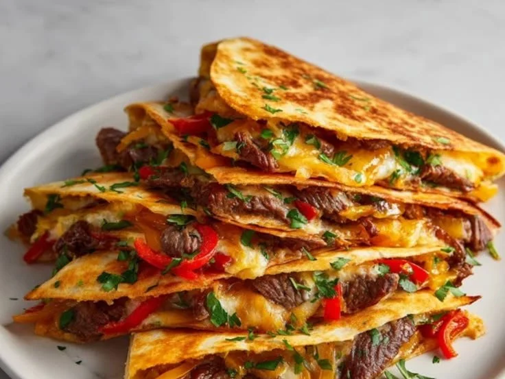 Delicious beef fajita quesadillas garnished with toppings ready to serve.