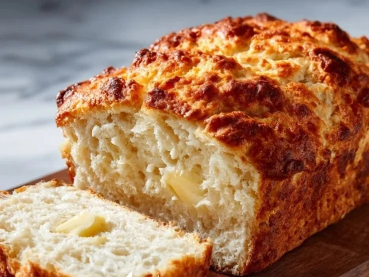 Freshly baked beer bread with a golden crust and soft interior