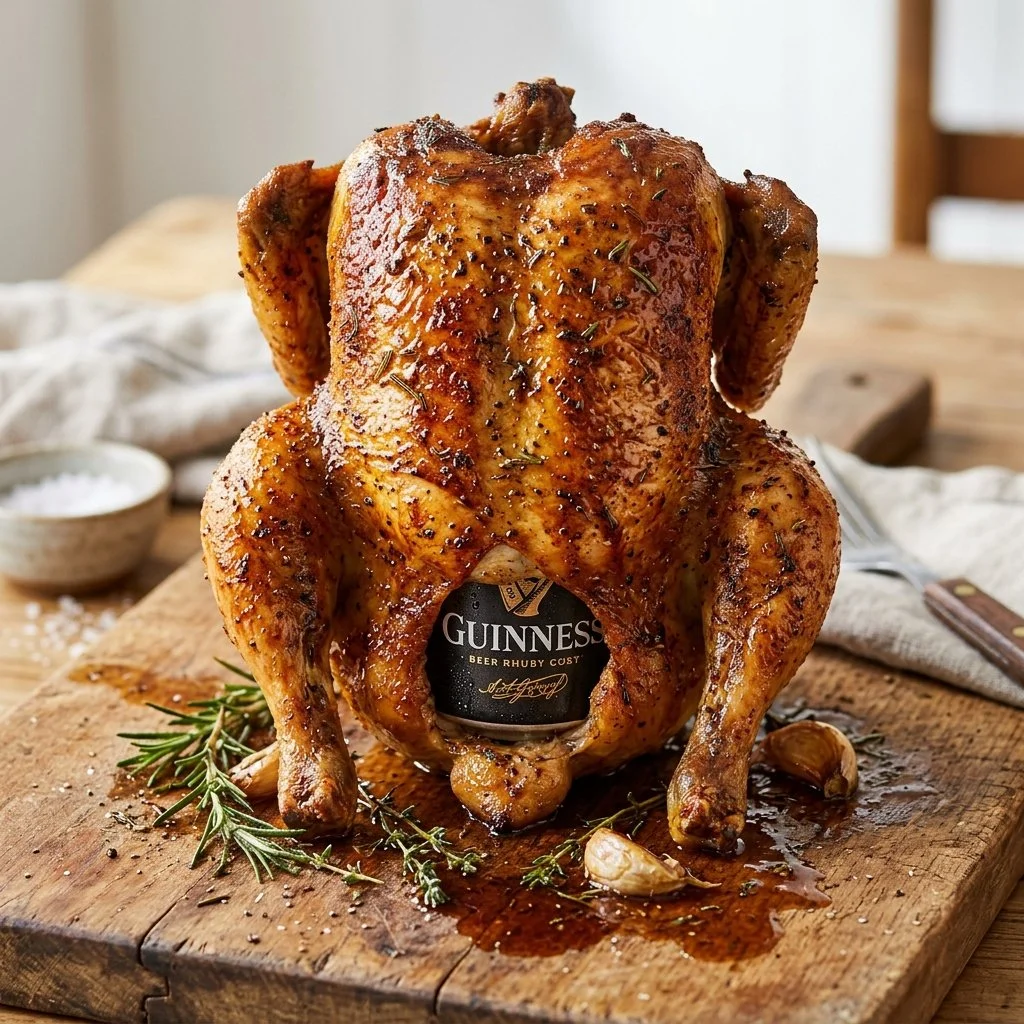 Delicious Beer Can Chicken on the grill with crispy skin and juicy meat