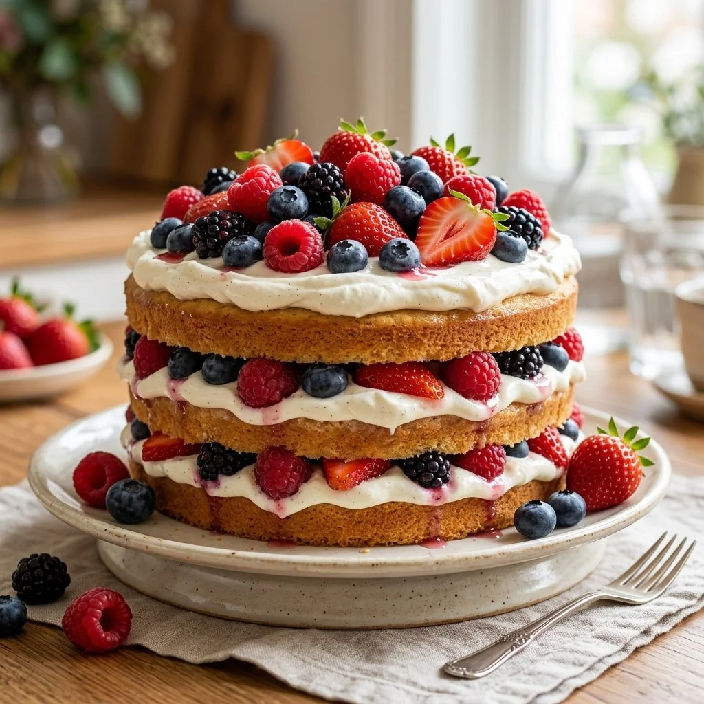 Delicious Berry Chantilly Cake with fresh berries and fluffy cream frosting