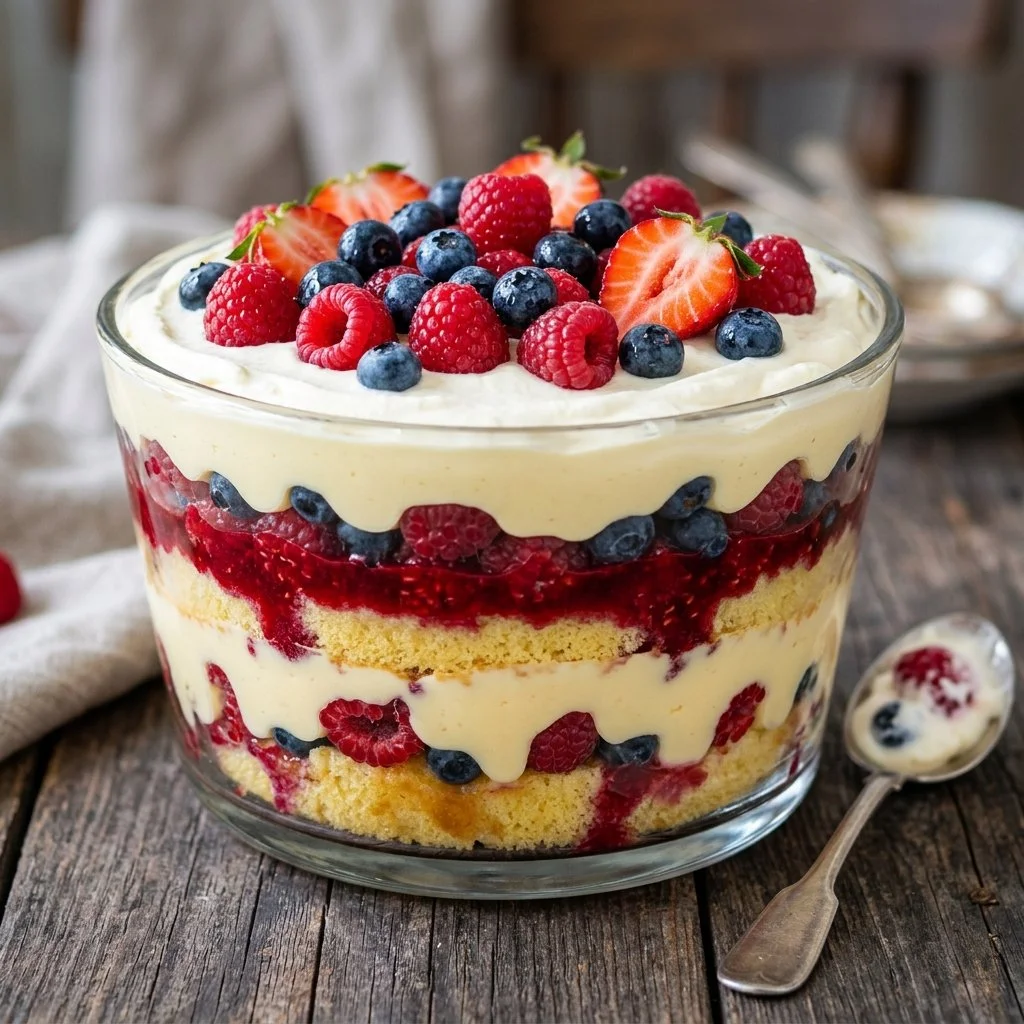 Delicious Berry Trifle with layers of berries, custard, and sponge cake
