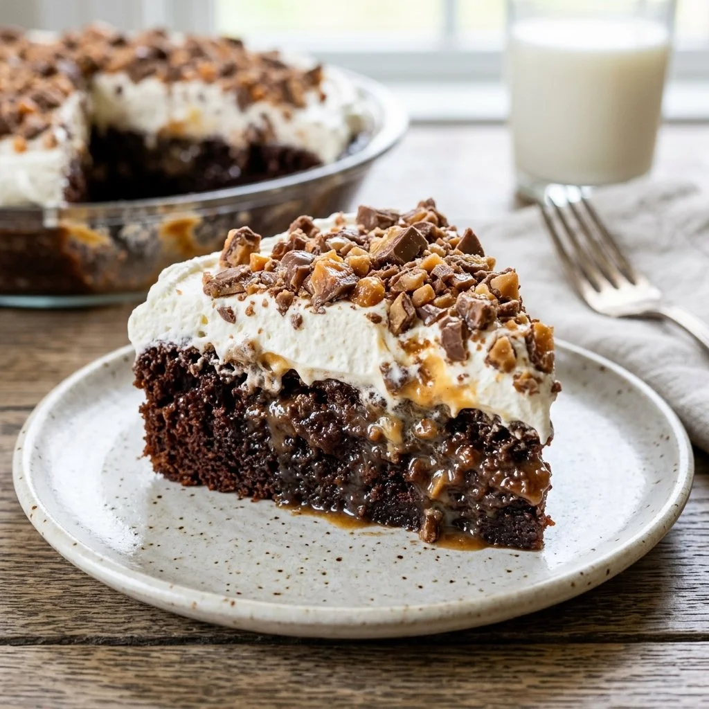 Delicious Better Than Sex Cake dessert topped with chocolate and caramel
