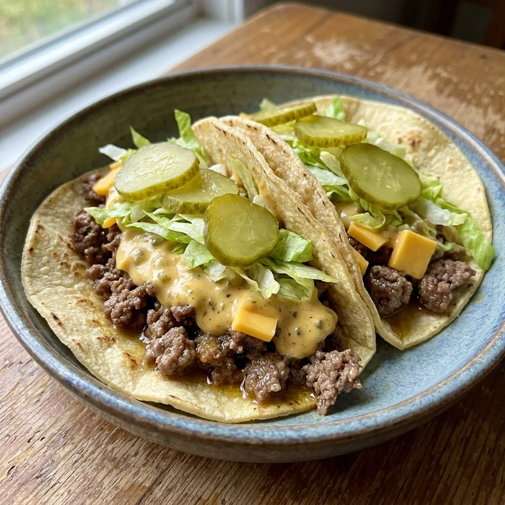 Delicious Big Mac Tacos served on a wooden plate