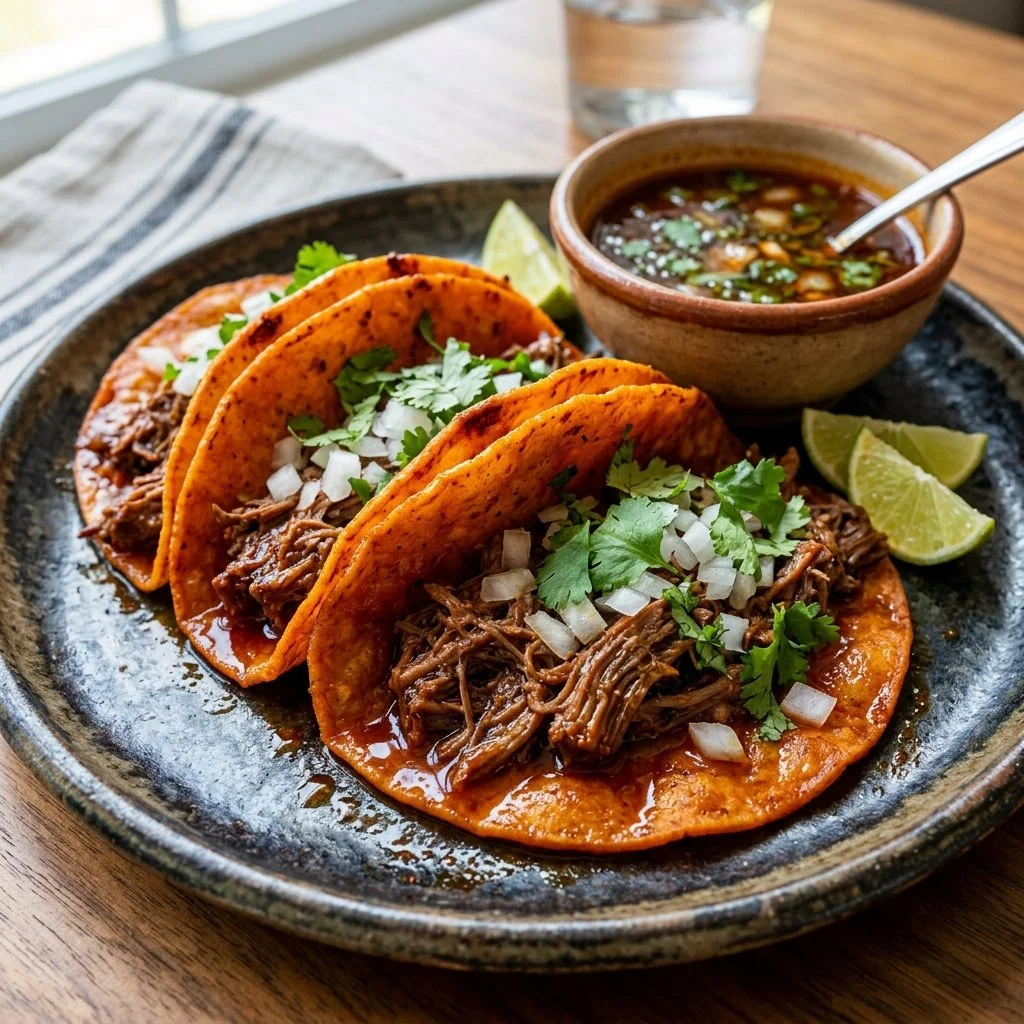 Delicious birria tacos served with consommé and garnished with cilantro and onions