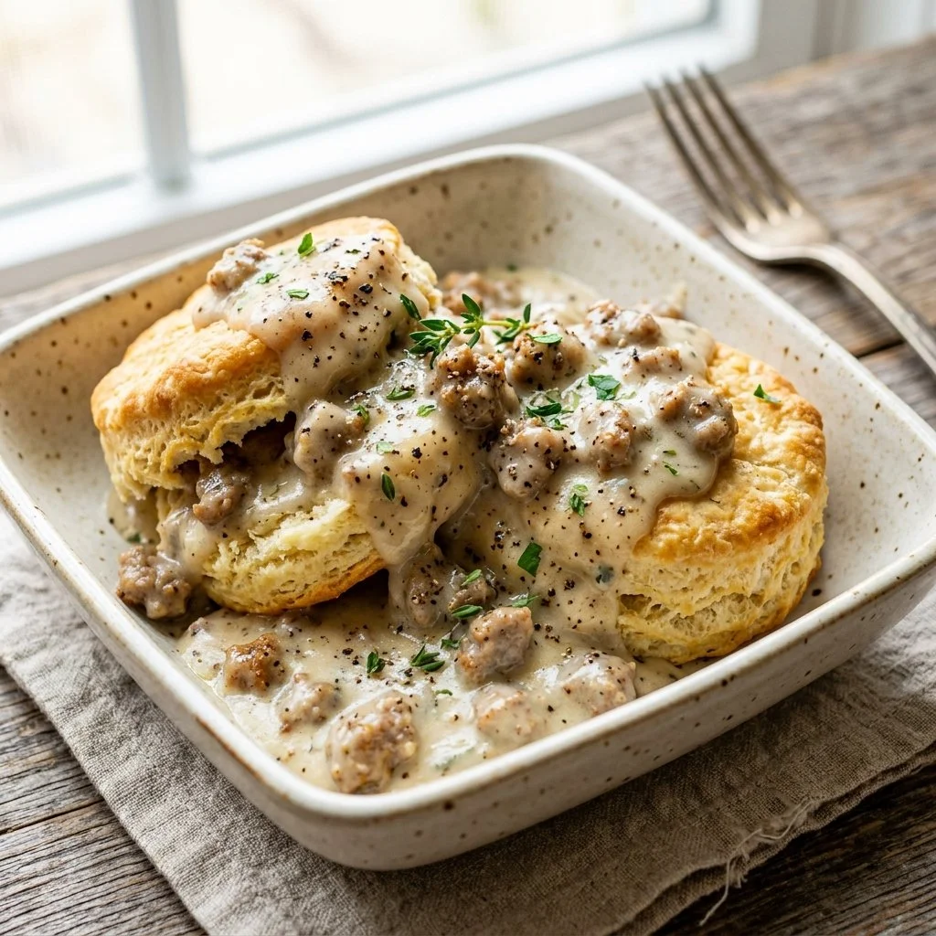 Delicious biscuits and gravy served warm with sausage gravy on top.