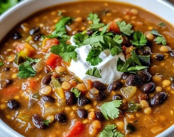 A bowl of delicious black bean lentil soup garnished with fresh herbs